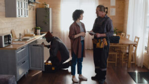 Plumber discussing drain cleaning and leak detection services with a homeowner